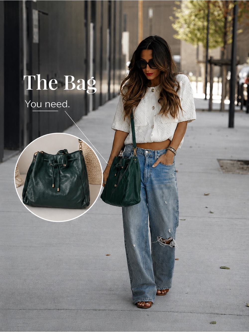 LAGGO  Drawstring Hobo Bag Rare Forest Green Leather Crossbody adjustable strap